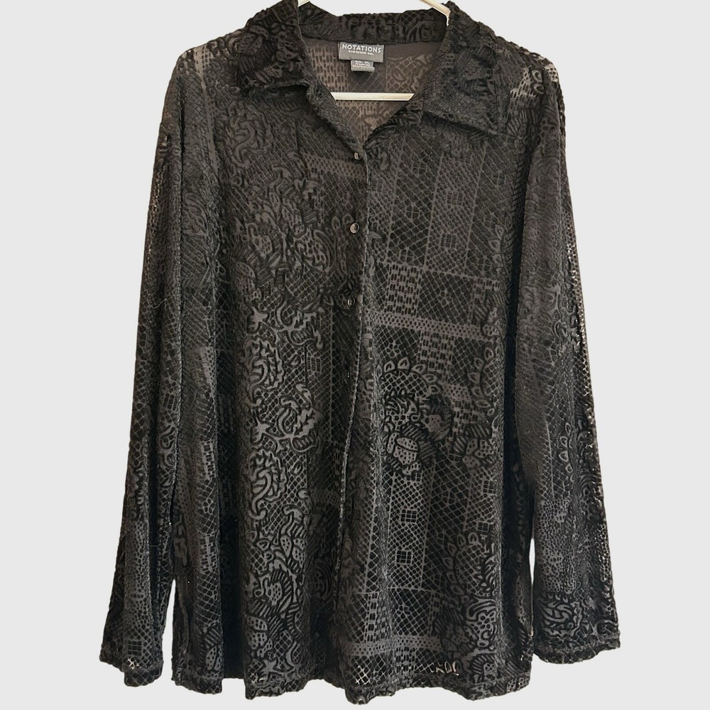 Velvet Burnout Whimsigoth Blouse Sz XL Black Paisley Textured  Sheer Button Up